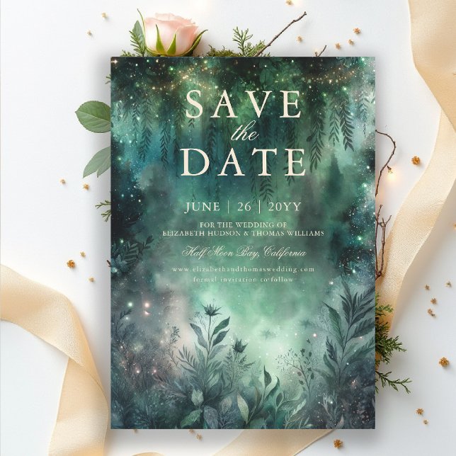 Die Hochzeit des bezauberten grünen Mauren retten  Einladung (enchanted forest save the date wedding emerald green gold fairytale fairy greenery woodland magic)