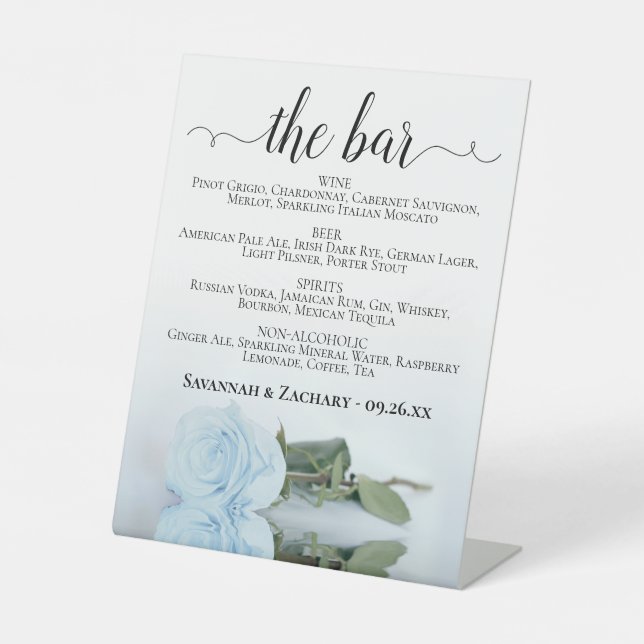 Die Hochzeit von Bar - Dusty Blue Rose Drinks Sockelschild (Vorderseite)
