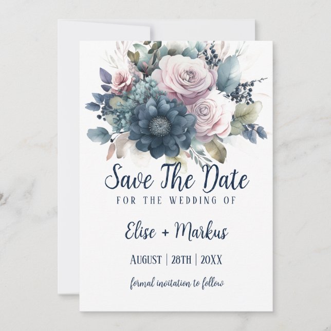 Die Hochzeit von Navy Blue Blush Pink Roses rettet Einladung (Vorderseite)