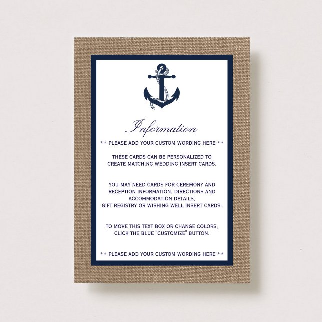 Die Hochzeitskollektion der Marine auf Burlap Beac Begleitkarte (Von Creator hochgeladen)