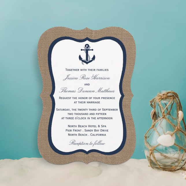 Die Hochzeitskollektion der Marine auf Burlap Beac Einladung (Von Creator hochgeladen)