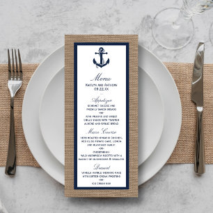 Die Hochzeitskollektion der Marine auf Burlap Beac Menükarte