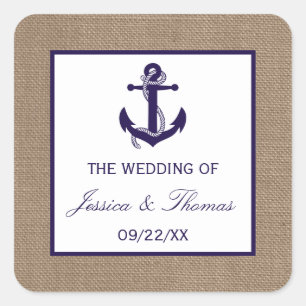 Die Hochzeitskollektion der Marine auf Burlap Beac Quadratischer Aufkleber