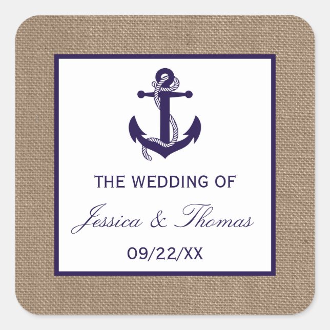 Die Hochzeitskollektion der Marine auf Burlap Beac Quadratischer Aufkleber (Vorderseite)