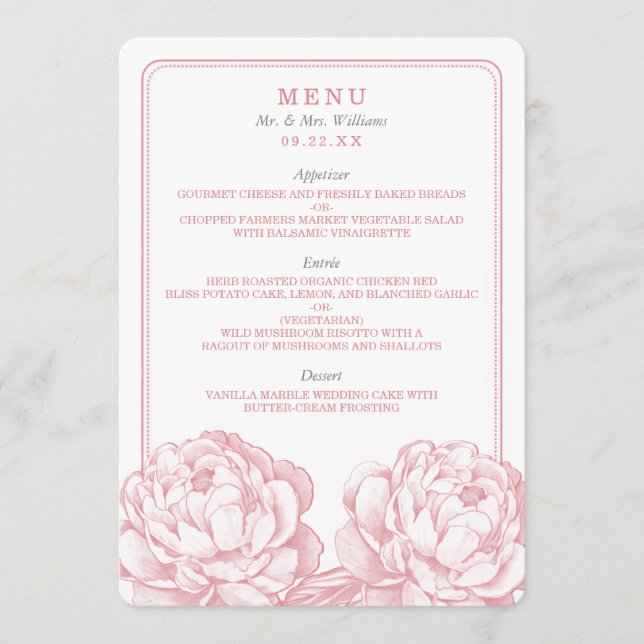 Die Hübsche Hochzeitskollektion der Peony Floral Menükarte (Vorderseite)