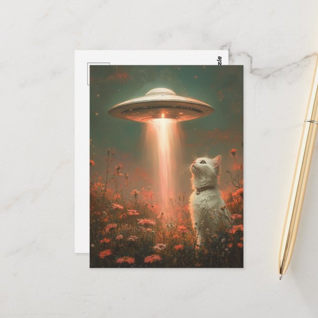 Die Hübsche weiße Katze und das UFO Postkarte (Vorderseite/Rückseite Beispiel)
