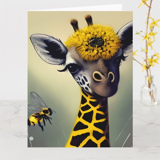 Die Hummel Giraffe Whimsical Digital Art XL Karte (Gelbe Blume)