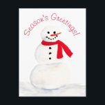 Die Jahreszeit Grüße Wasserfarbe Snowman Spaß Feiertagspostkarte<br><div class="desc">Auf dieser niedlichen Urlaubspostkarte befindet sich ein handgemalteter Wasserfarbenschneemann mit dem Titel "Die Grüße der Jahreszeit!" Die Rückseite hat Platz für Ihr Foto,  zusammen mit einer kurzen Nachricht und Signatur. Vergnügen sich,  um Feiertag zu jubeln dieses Weihnachtsfest.</div>