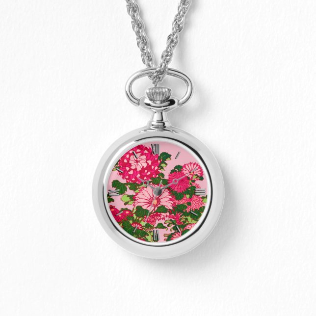 Die japanische Blume Border, Fuchsia und Korallenr Armbanduhr (Vorderseite)