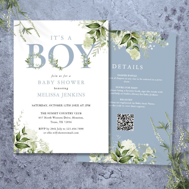 Die junge, blaue Vegetation in einer Dusche. Einladung (Its A Boy Blue Greenery All In One Baby Shower Invitation)