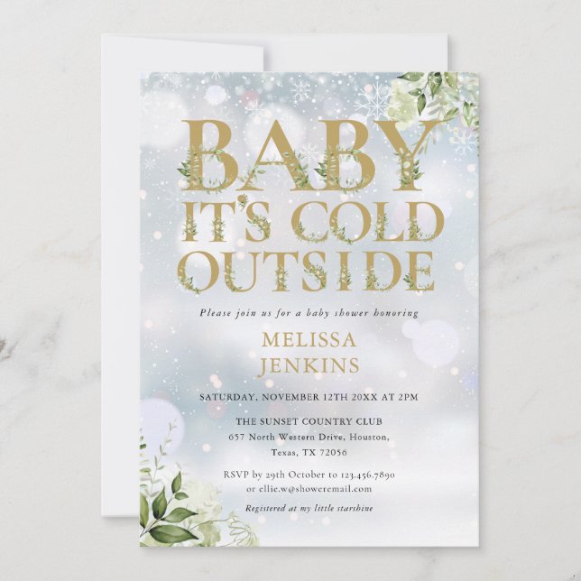 Die kalte Außendusche im Grünen Winter Gold Baby Einladung (Vorderseite)