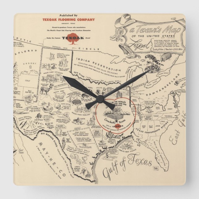 Die Karte eines Texans der Vereinigten Staaten Quadratische Wanduhr (Vorderseite)