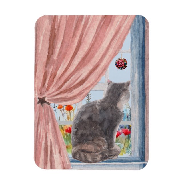 Die Katze an den Landschaftlichen Blume des Fenste Magnet (Vertikal)