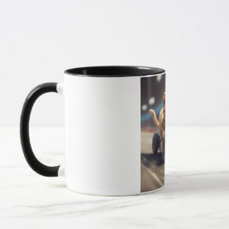 Die Katze fährt einen blauen Rennwagen Tasse