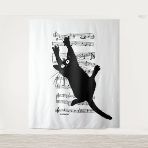 Die Katze hängt an Noten Wandteppich