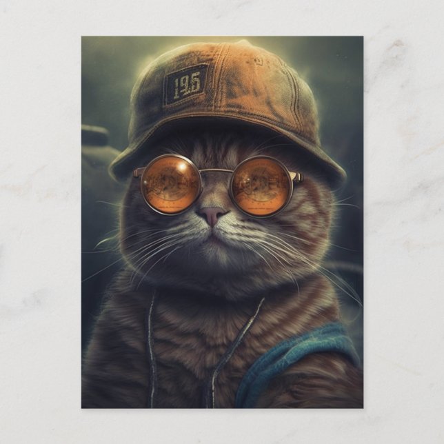 Die Katze in einem Hut und einer Sonnenbrille auf  Postkarte (Vorderseite)