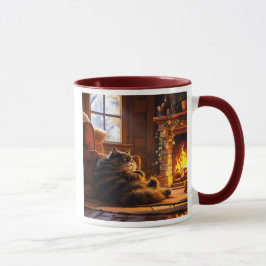 Die Katze schläft in einer Holzhütte neben dem Feu Tasse