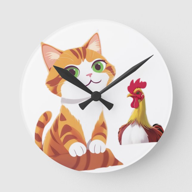 Die Katze und das Huhn Runde Wanduhr (Vorderseite)