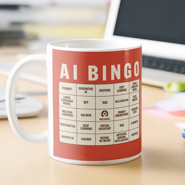 Die KI Bingo Kaffeetasse (AI Buzzword Bingo Mug transforms every jargon-filled conference into an entertaining game)