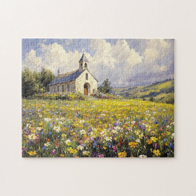 Die Kirche ist von Wildblumen umgeben Puzzle (Horizontal)