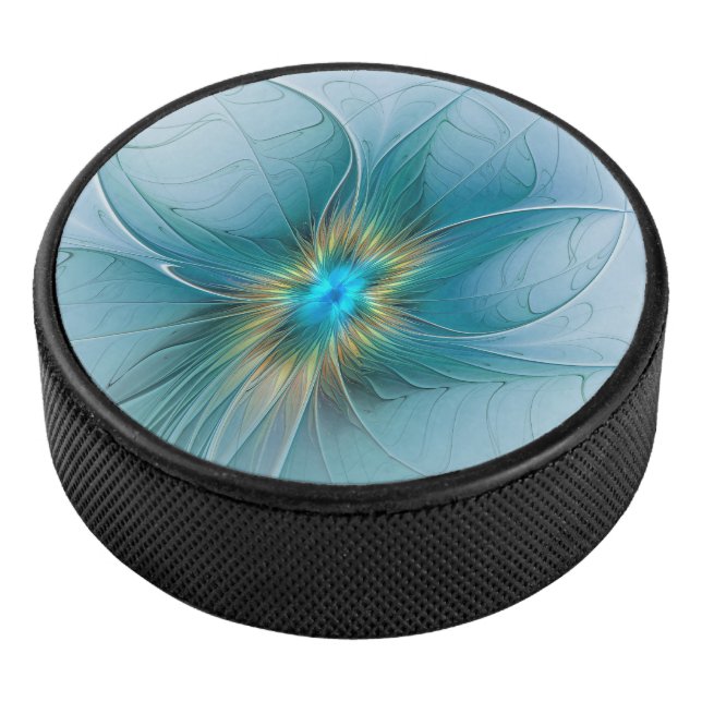 Die kleine Beauty Modern Blue Gold Fraktal Blume Eishockey Puck (3/4)