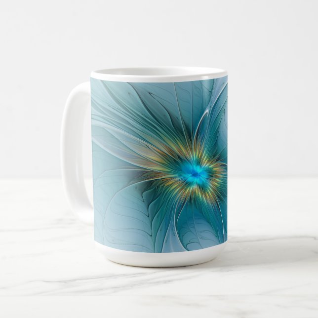Die kleine Beauty Modern Blue Gold Fraktal Blume Kaffeetasse (Vorderseite Links)