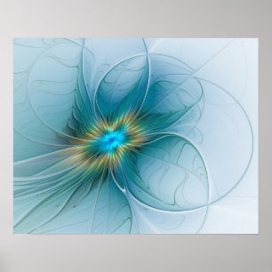 Die kleine Beauty Modern Blue Gold Fraktal Blume Poster