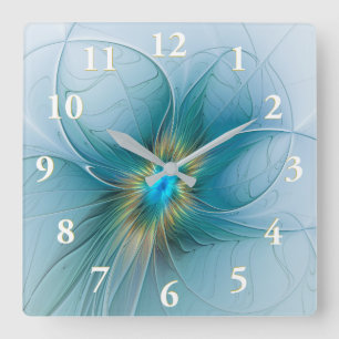 Die kleine Beauty Modern Blue Gold Fraktal Blume Quadratische Wanduhr