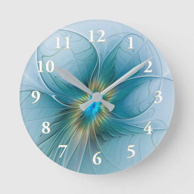 Die kleine Beauty Modern Blue Gold Fraktal Blume Runde Wanduhr (Vorderseite)