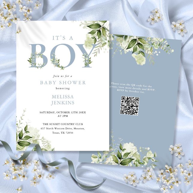 Die kleine blaue Grüne QR Code Babydusche Einladung (Its A Boy Dusty Blue Greenery QR Code Baby Shower Invitation)