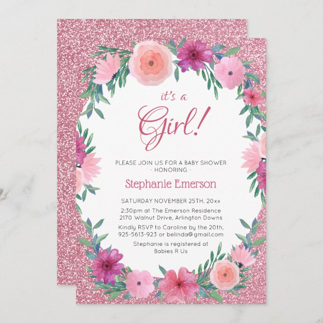 Die kleine Blütendusche aus der Rose Gold Glitzer Einladung (Vorne/Hinten)