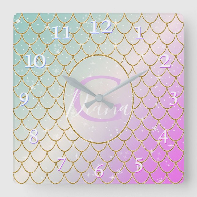 Die kleine Meerjungfrau. Goldene Schuppen auf rosa Quadratische Wanduhr (Vorderseite)