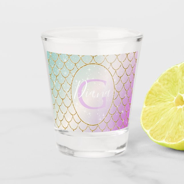 Die kleine Meerjungfrau. Goldene Waage auf rosa, t Schnapsglas (Vorderseite)