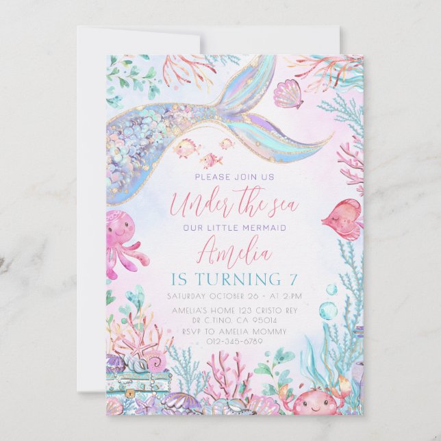 Die kleine Meerjungfrau unter dem Meer zum Geburts Einladung (Vorderseite)