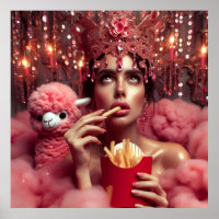 Die Königin in Krone mit Pommes frites und Alpaka