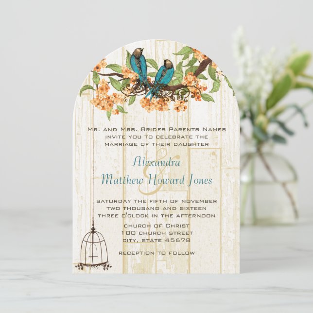 Die Korallen und Minze Vintage Liebesvögel Einladung (Stehend Vorderseite)