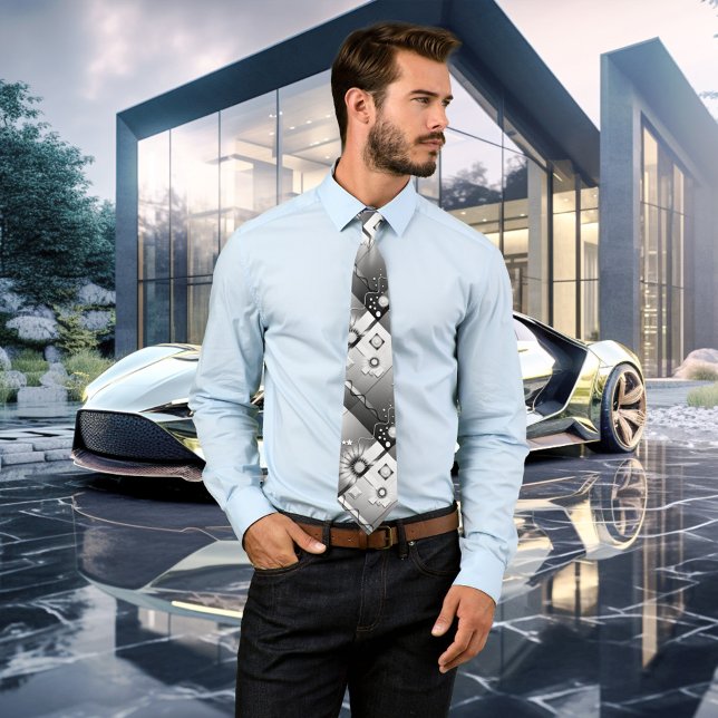 Die Krawatte Schwarz-Weiß Art Deco (Playful black and white tie with an original art deco design)