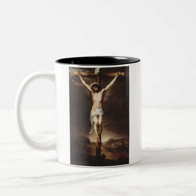 Die Kreuzigung durch Bartolome Esteban Murillo Zweifarbige Tasse (Links)