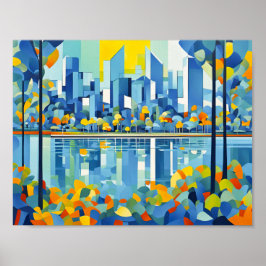Die kubistische Skyline spiegelt sich im Wasser wi Poster