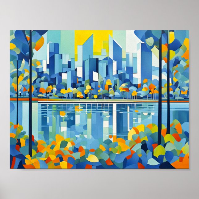 Die kubistische Skyline spiegelt sich im Wasser wi Poster (Vorne)