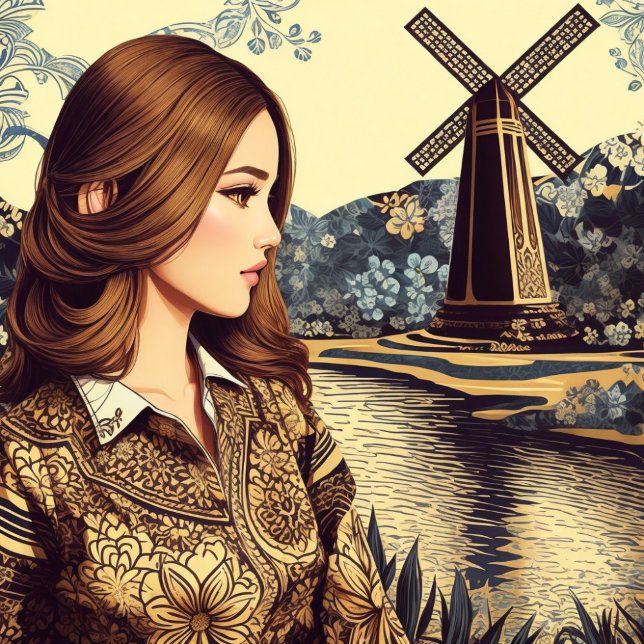 Die Kunst der balinesischen Batik - farbenfrohe Ta T-Shirt (Retro Bali Batik Girl Exploring The Dutch Windmill)