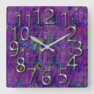 Die-Kunst-der-Zeit_Spritzer-Stoff-Lila-Chrom Quadratische Wanduhr