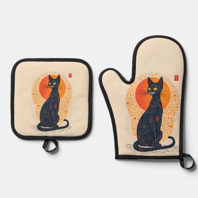 Die künstlerische Katze Ofenhandschuh & Topflappen-Set (Vorderseite)