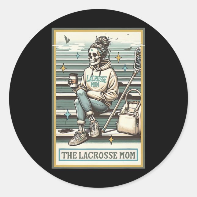 Die Lacrosse Mama Skelettkarte Tarot Card Funny Mo Runder Aufkleber (Vorderseite)