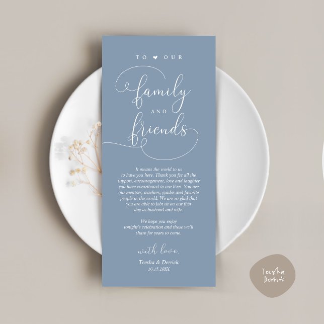 Die Lage des Abendessens dank der modernen elegant Programm (Modern Romantic Script, Wedding Dinner Place Setting Thank You Card, in Dusty Blue)