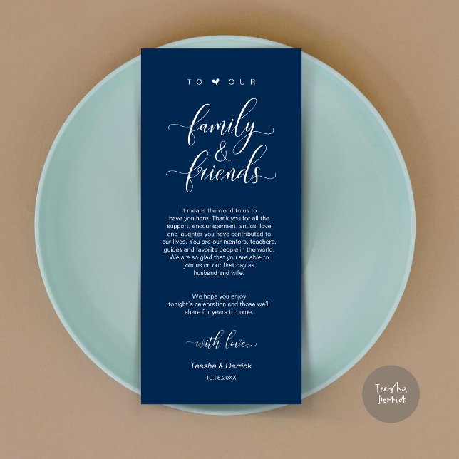 Die Lage des Abendessens ist sehr schön, die blaue Programm (Dinner Place Setting Thank You Card, Modern Classy Wedding, in Navy Blue)