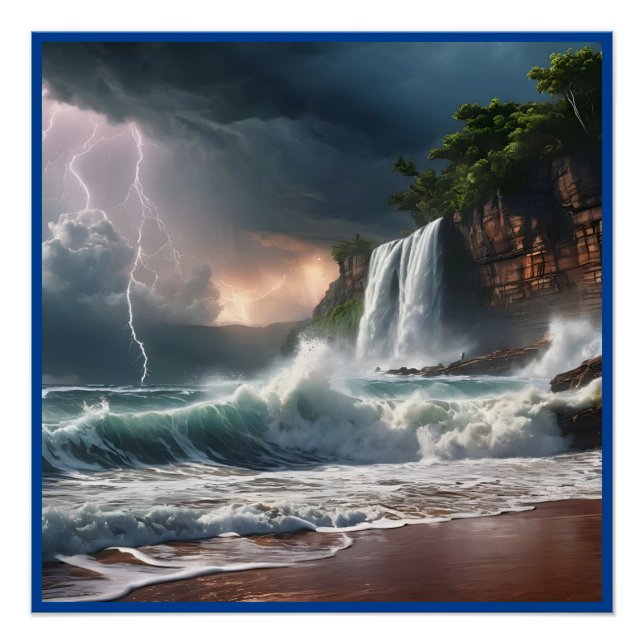 Die Landschaft der Blitzschlagwellen am Strand Poster (Vorderseite)