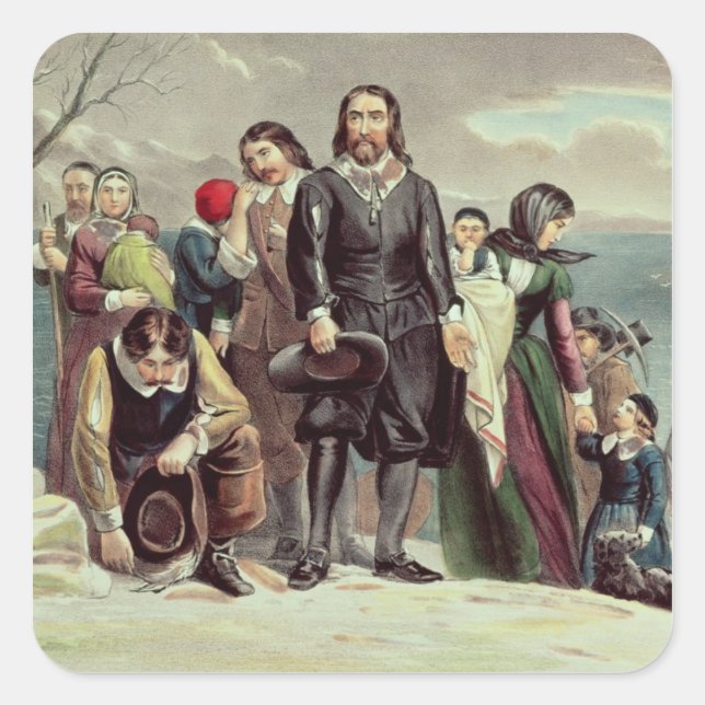 Die Landung der Pilger in Plymouth Quadratischer Aufkleber (Vorderseite)