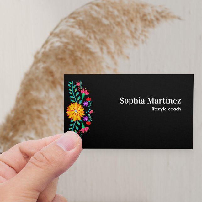 Die lebendige mexikanische Fiesta Floral Black Bus Visitenkarte (Horizontal Business Card with fiesta floral border)