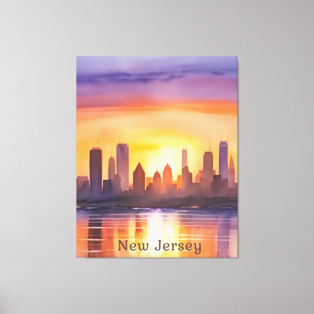 Die lebendige New Jersey Watercolor Sunset Art Leinwanddruck (Vorderseite)